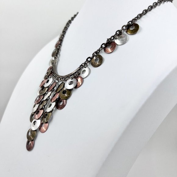 BOHO Vibes Tri-Colored Disk Dangle Brass Tone 14” Chain Choker Necklace - Picture 3 of 8